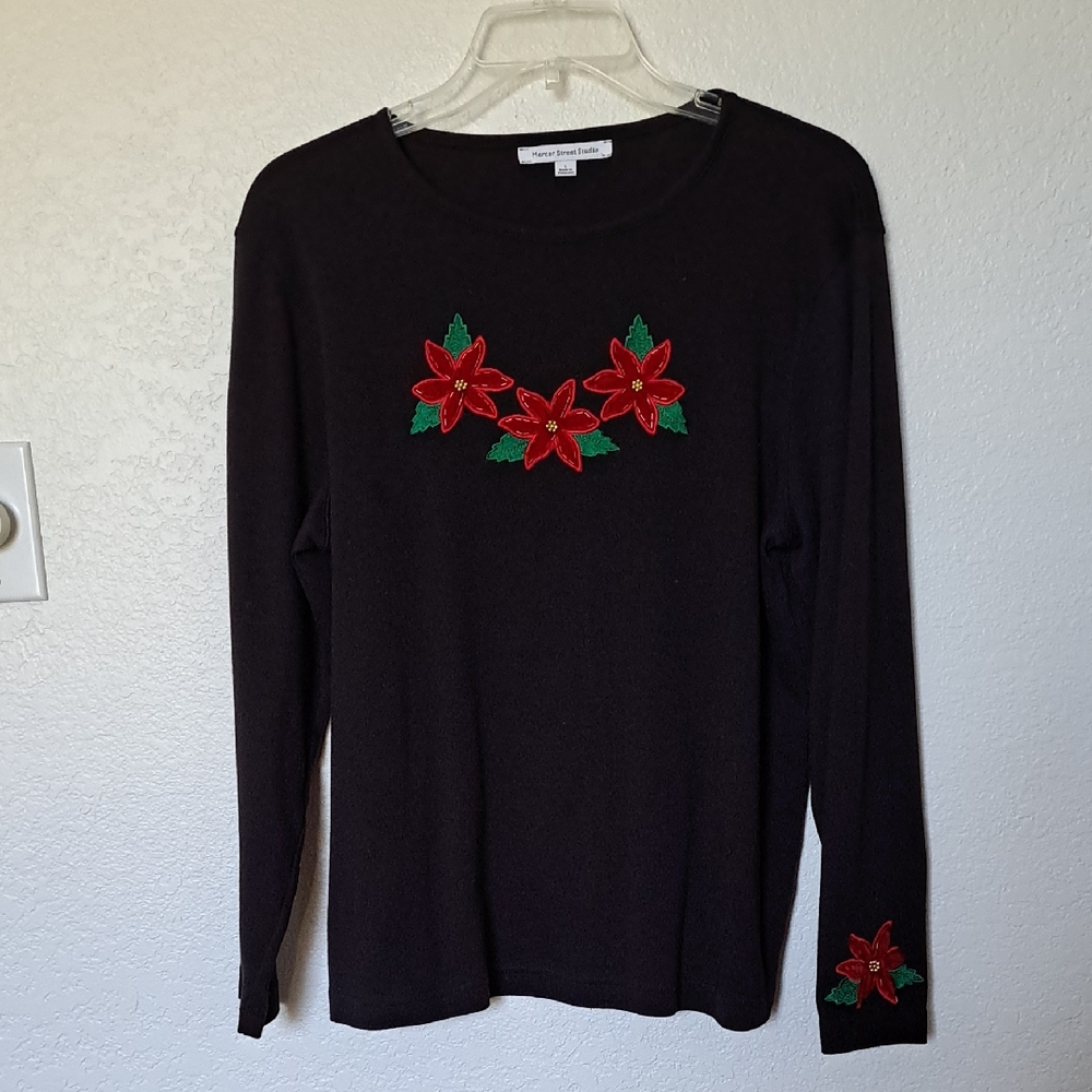 Long Sleeve Black Top Size Large Poinsettia Accents Vintage Mercer Street Studio